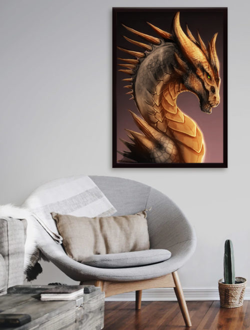 Fantasy Poster Print Brown Bronze Green-Eyed Wise dragon living room wall art, home decor