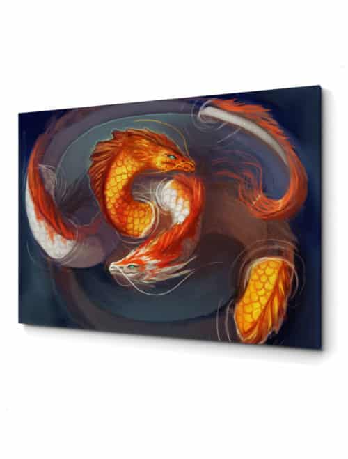 Two Koi Fish Japanese Orange Red White Blue-Eyes Dragon Canvas Print Wall Art for Living Room, Fantasy Home Decor