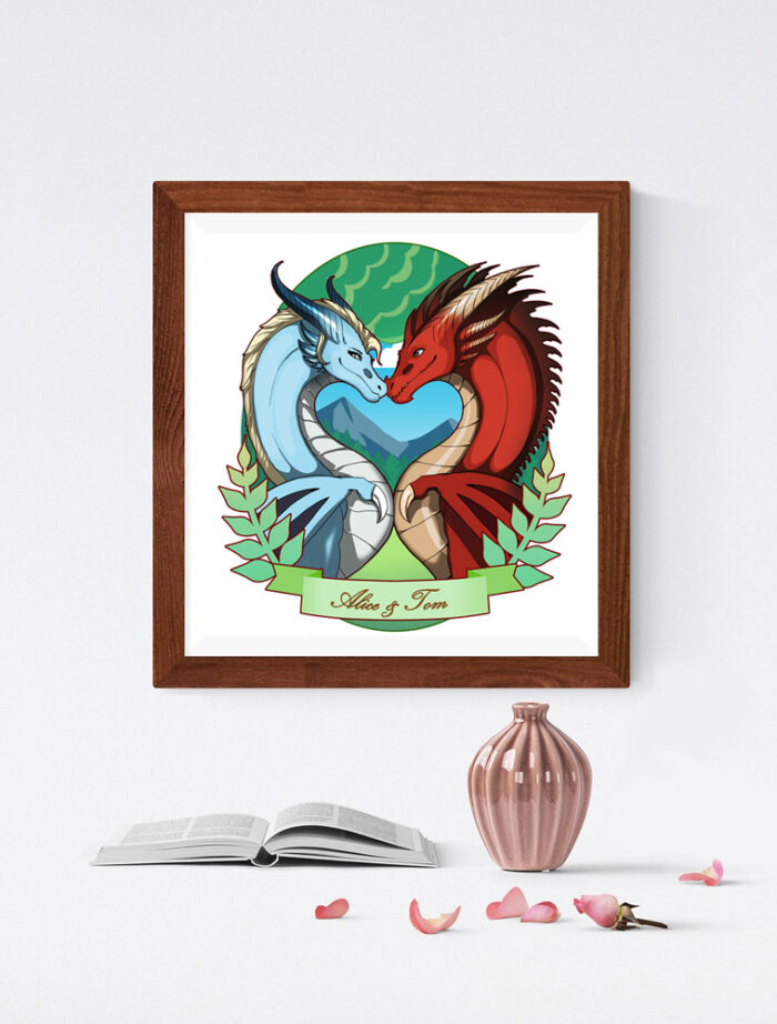 Custom portrait, dragon couple, wedding gift, digital personalized fantasy cartoon drawing. Graduation, birthday, namesday, mothersday ocasion family gift wall art