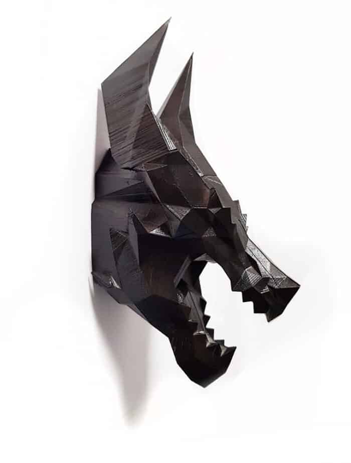 3d printed geometric low poly dragon head black wall decor, fantasy gothic