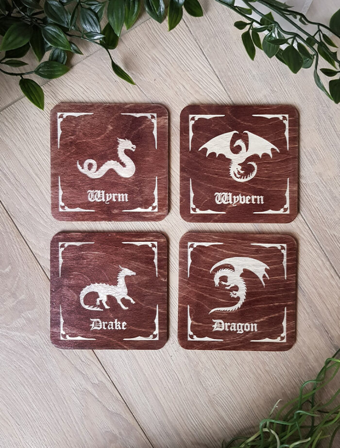 wooden dragon coasters engraved dragons wyrm drake wyvern