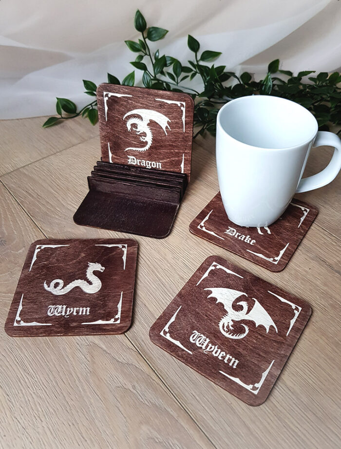 wooden dragon coasters engraved dragons wyrm drake wyvern